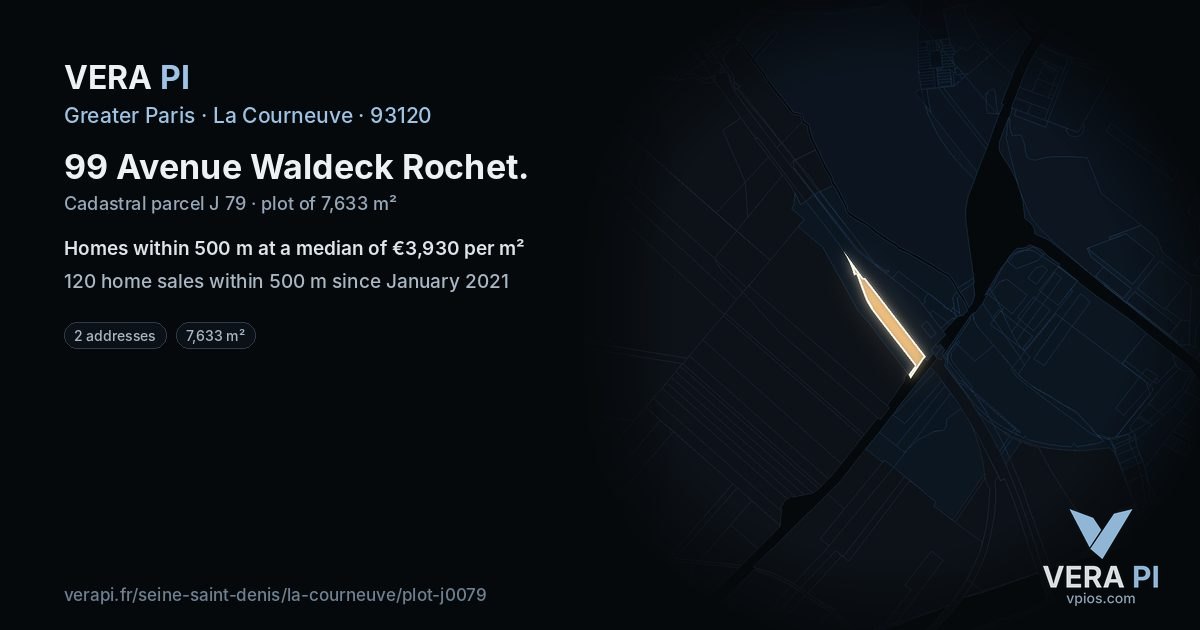99 Avenue Waldeck Rochet, La Courneuve at night – the plot lit, the parcels around coloured by the prices near them