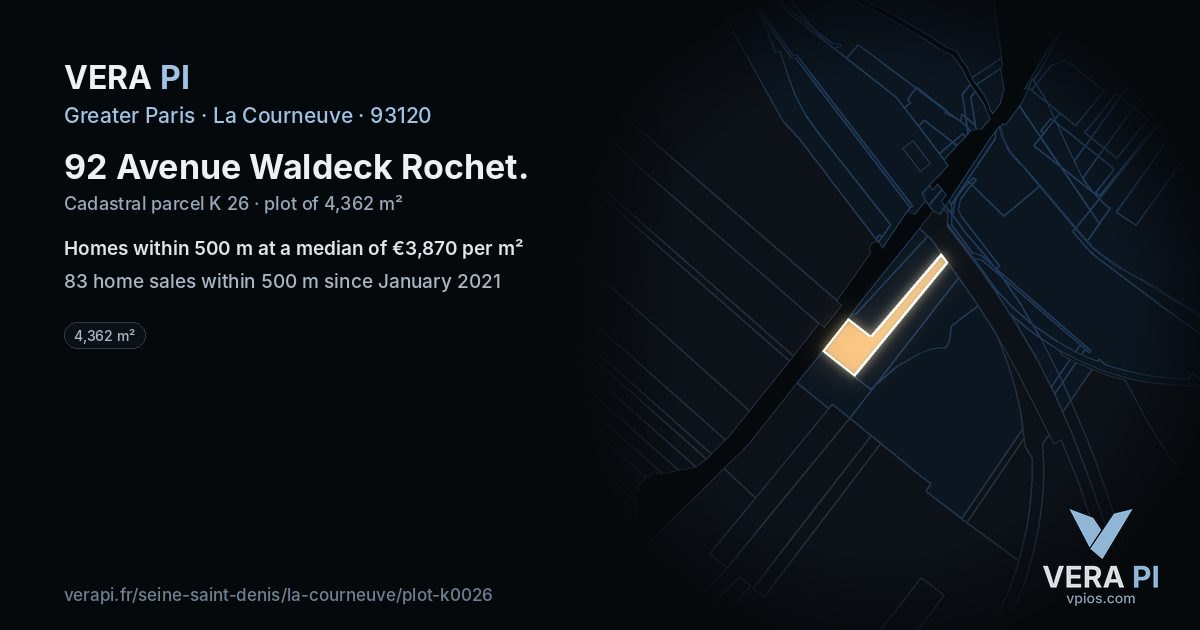 92 Avenue Waldeck Rochet, La Courneuve at night – the plot lit, the parcels around coloured by the prices near them