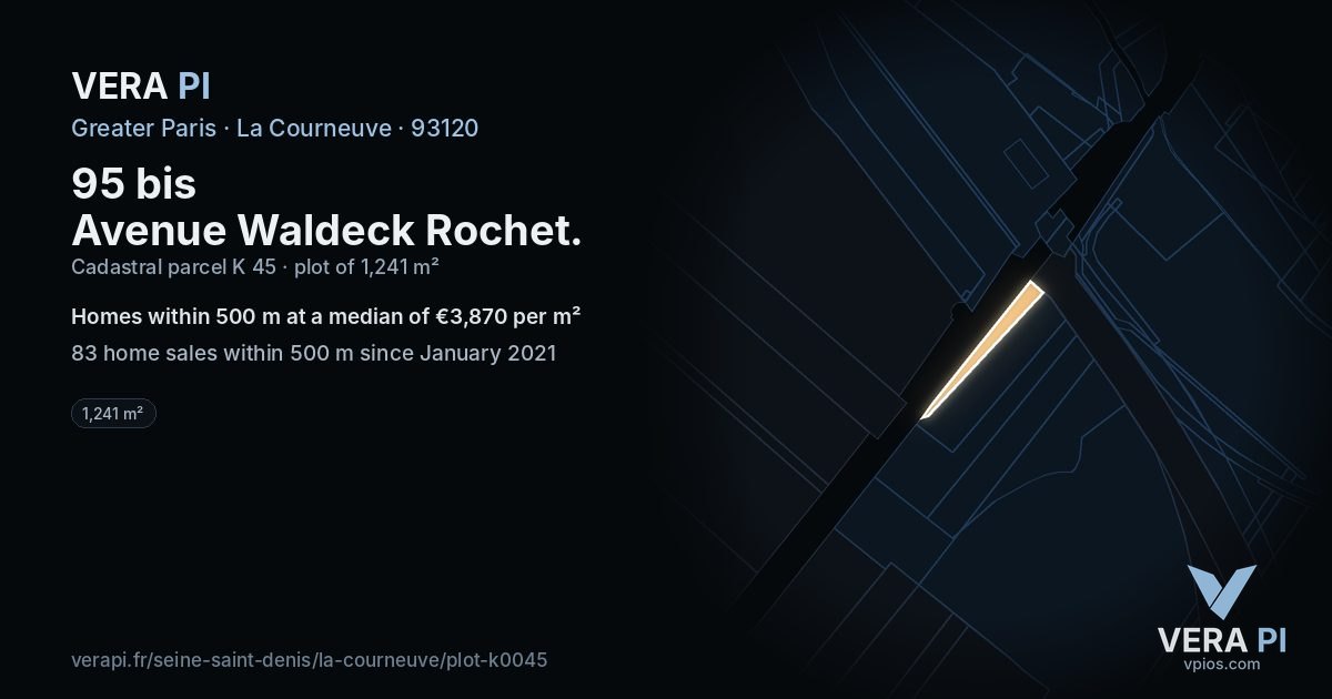 95 bis Avenue Waldeck Rochet, La Courneuve at night – the plot lit, the parcels around coloured by the prices near them
