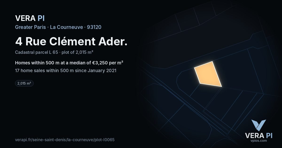 4 Rue Clément Ader, La Courneuve at night – the plot lit, the parcels around coloured by the prices near them