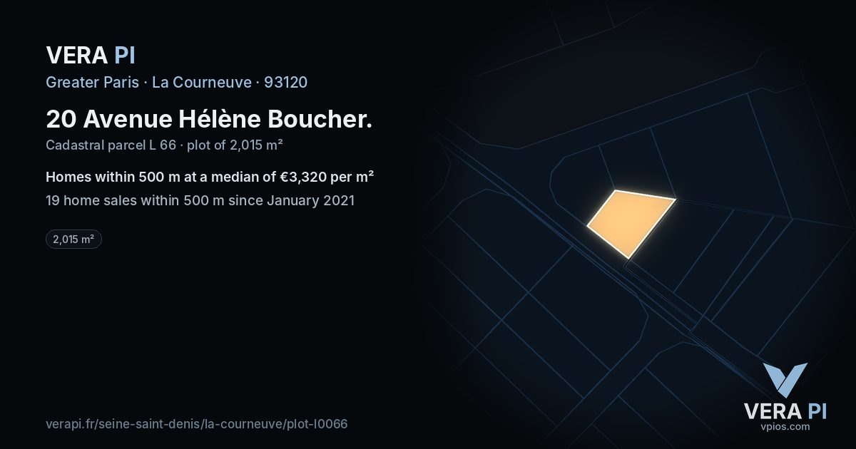 20 Avenue Hélène Boucher, La Courneuve at night – the plot lit, the parcels around coloured by the prices near them