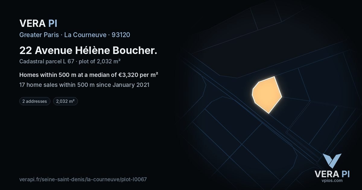 22 Avenue Hélène Boucher, La Courneuve at night – the plot lit, the parcels around coloured by the prices near them