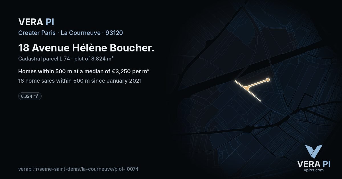 18 Avenue Hélène Boucher, La Courneuve at night – the plot lit, the parcels around coloured by the prices near them