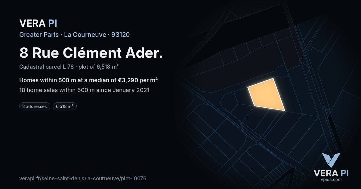 8 Rue Clément Ader, La Courneuve at night – the plot lit, the parcels around coloured by the prices near them