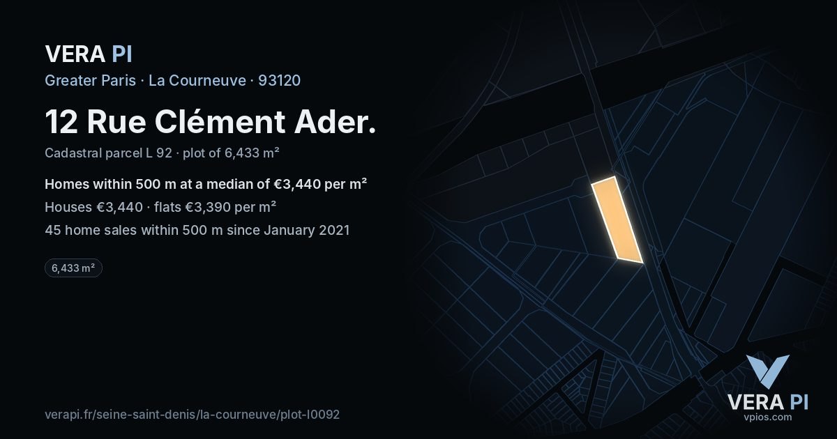 12 Rue Clément Ader, La Courneuve at night – the plot lit, the parcels around coloured by the prices near them