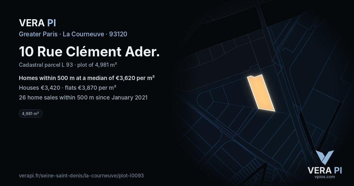 10 Rue Clément Ader, La Courneuve at night – the plot lit, the parcels around coloured by the prices near them