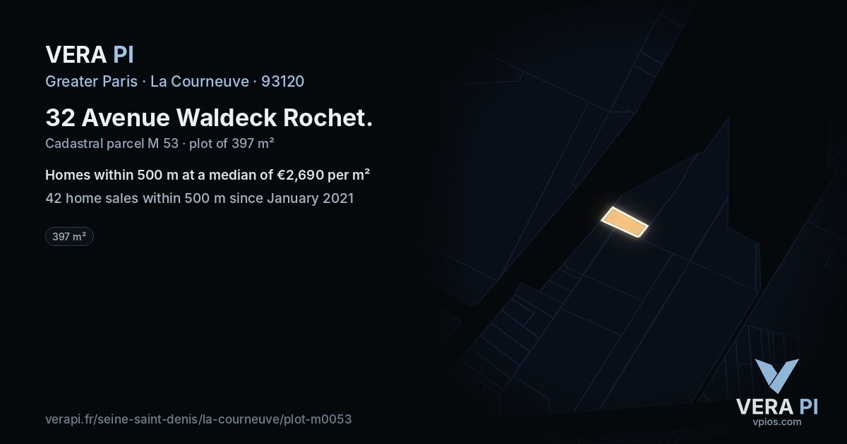 32 Avenue Waldeck Rochet, La Courneuve at night – the plot lit, the parcels around coloured by the prices near them