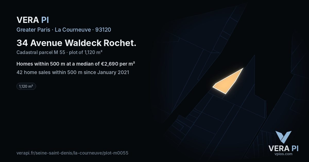 34 Avenue Waldeck Rochet, La Courneuve at night – the plot lit, the parcels around coloured by the prices near them