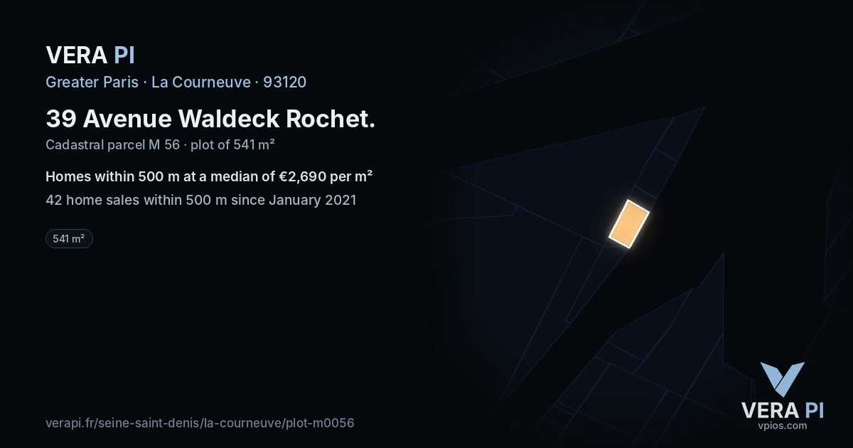 39 Avenue Waldeck Rochet, La Courneuve at night – the plot lit, the parcels around coloured by the prices near them