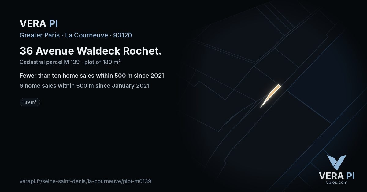 36 Avenue Waldeck Rochet, La Courneuve at night – the plot lit, the parcels around coloured by the prices near them