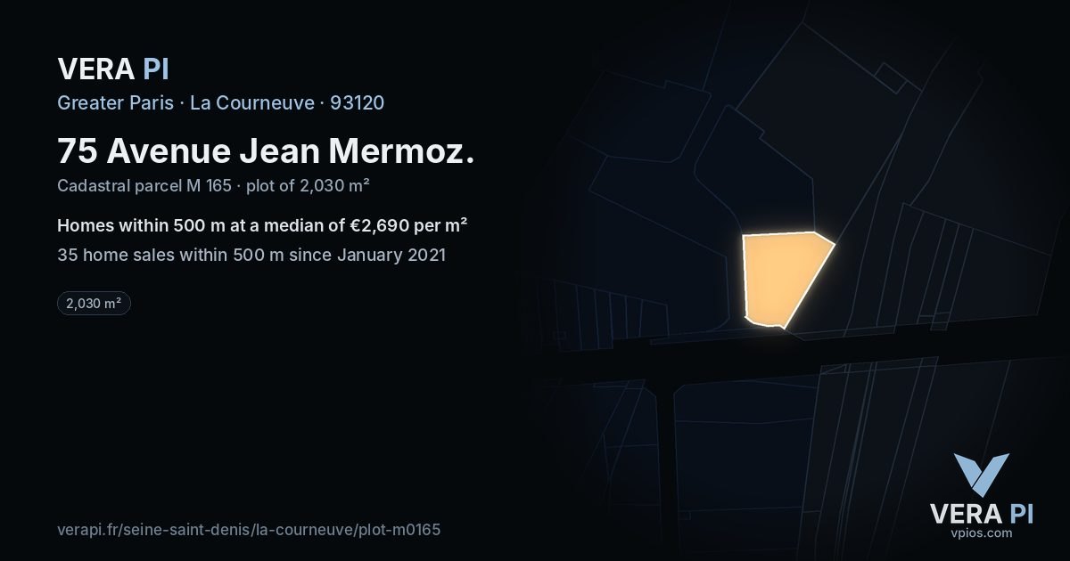 75 Avenue Jean Mermoz, La Courneuve at night – the plot lit, the parcels around coloured by the prices near them