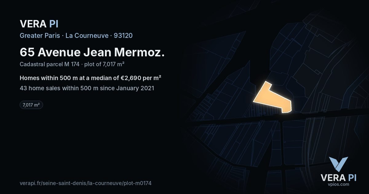 65 Avenue Jean Mermoz, La Courneuve at night – the plot lit, the parcels around coloured by the prices near them