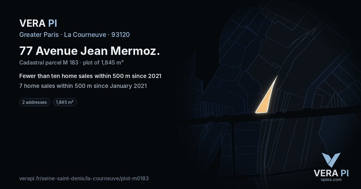 77 Avenue Jean Mermoz, La Courneuve at night – the plot lit, the parcels around coloured by the prices near them