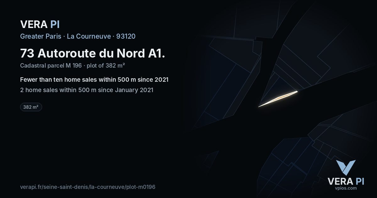 73 Autoroute du Nord A1, La Courneuve at night – the plot lit, the parcels around coloured by the prices near them