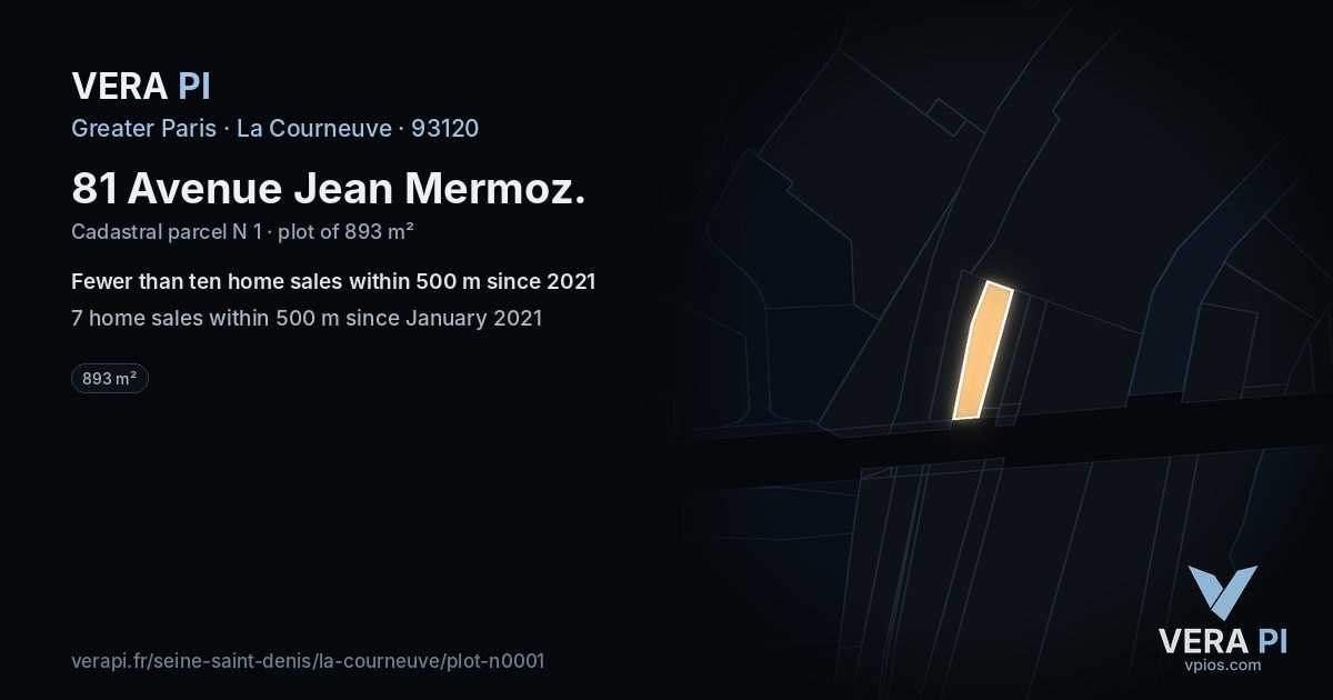 81 Avenue Jean Mermoz, La Courneuve at night – the plot lit, the parcels around coloured by the prices near them
