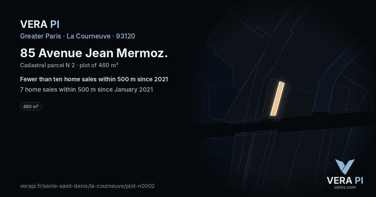 85 Avenue Jean Mermoz, La Courneuve at night – the plot lit, the parcels around coloured by the prices near them