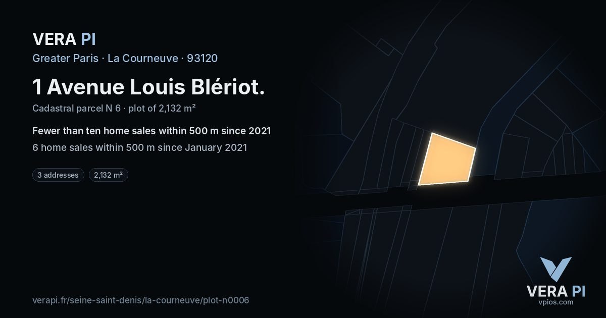 1 Avenue Louis Blériot, La Courneuve at night – the plot lit, the parcels around coloured by the prices near them