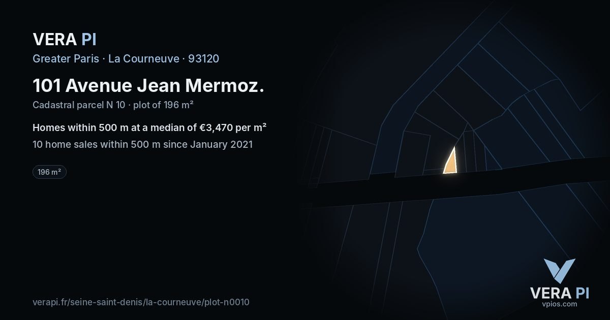 101 Avenue Jean Mermoz, La Courneuve at night – the plot lit, the parcels around coloured by the prices near them