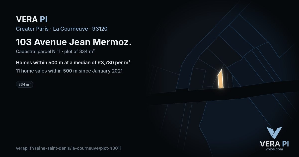 103 Avenue Jean Mermoz, La Courneuve at night – the plot lit, the parcels around coloured by the prices near them