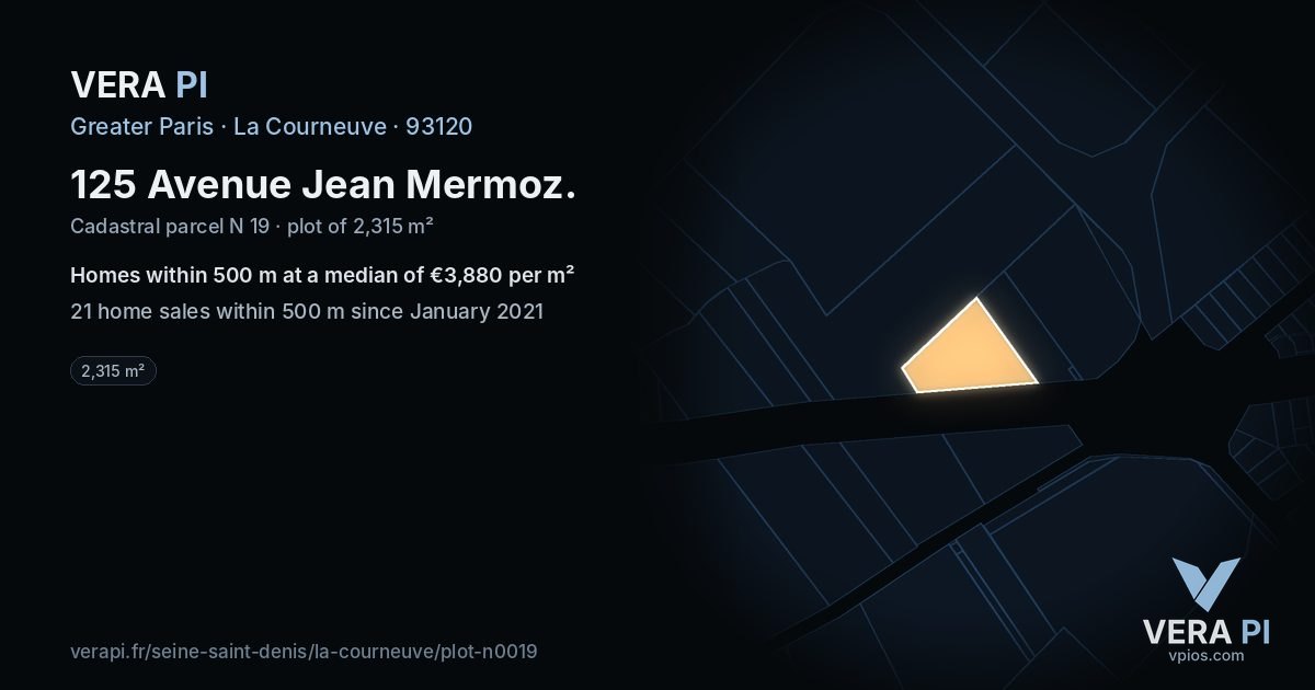 125 Avenue Jean Mermoz, La Courneuve at night – the plot lit, the parcels around coloured by the prices near them