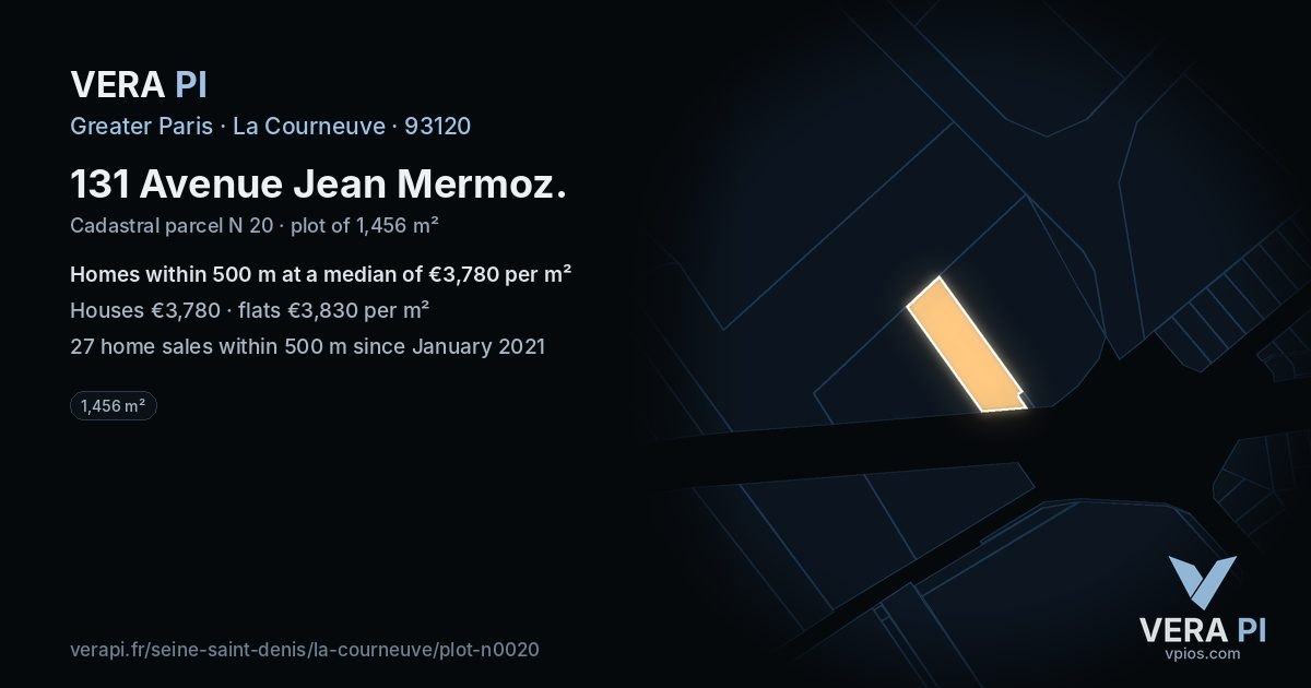 131 Avenue Jean Mermoz, La Courneuve at night – the plot lit, the parcels around coloured by the prices near them