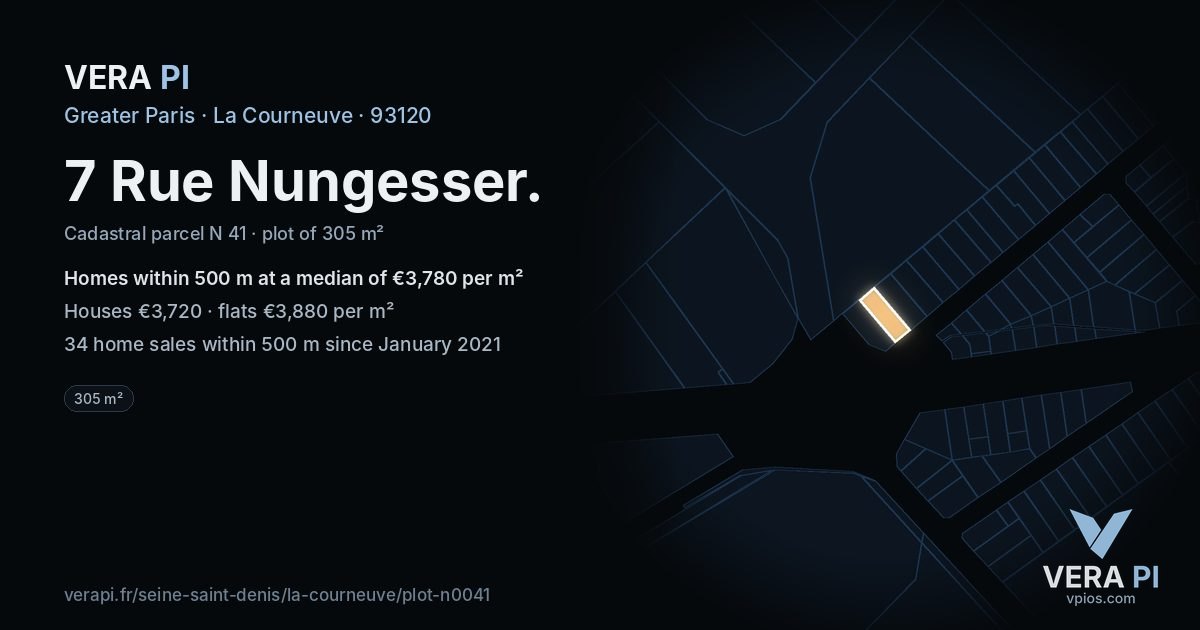 7 Rue Nungesser, La Courneuve at night – the plot lit, the parcels around coloured by the prices near them
