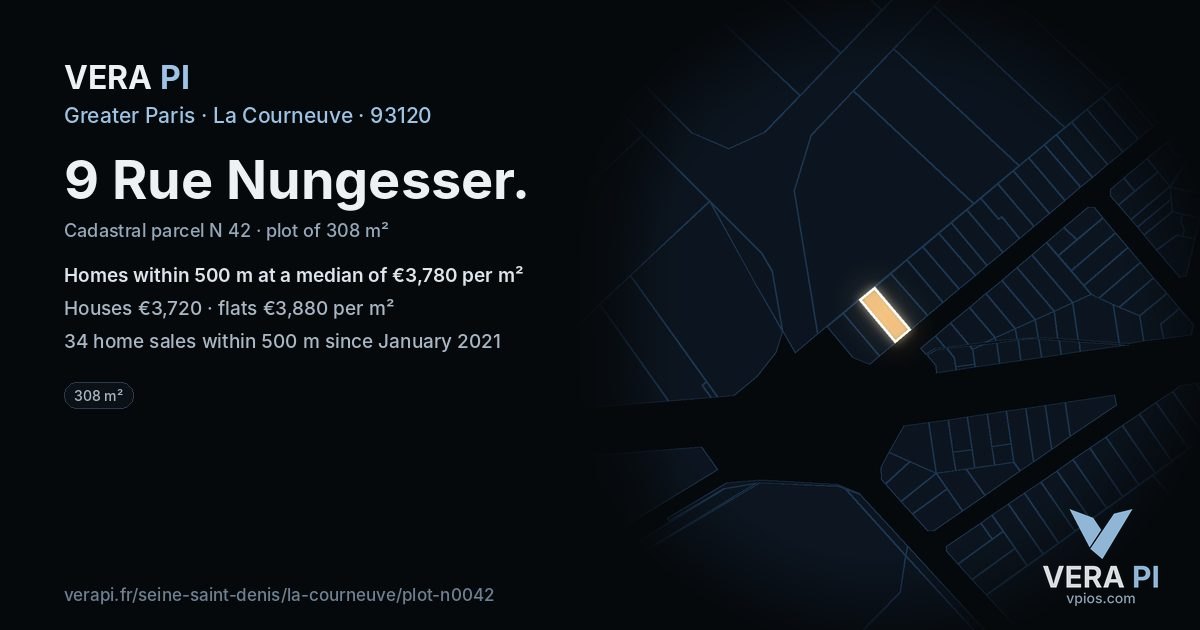 9 Rue Nungesser, La Courneuve at night – the plot lit, the parcels around coloured by the prices near them
