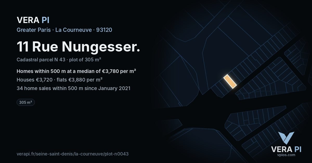 11 Rue Nungesser, La Courneuve at night – the plot lit, the parcels around coloured by the prices near them