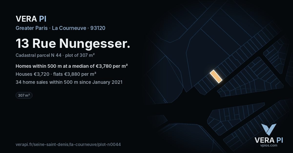 13 Rue Nungesser, La Courneuve at night – the plot lit, the parcels around coloured by the prices near them