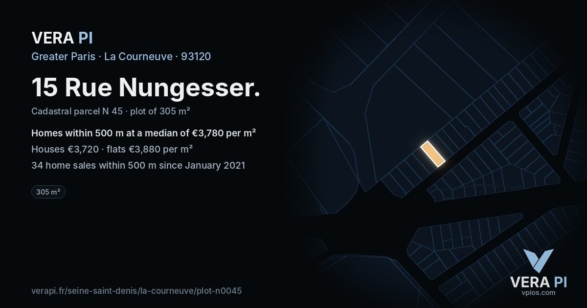 15 Rue Nungesser, La Courneuve at night – the plot lit, the parcels around coloured by the prices near them