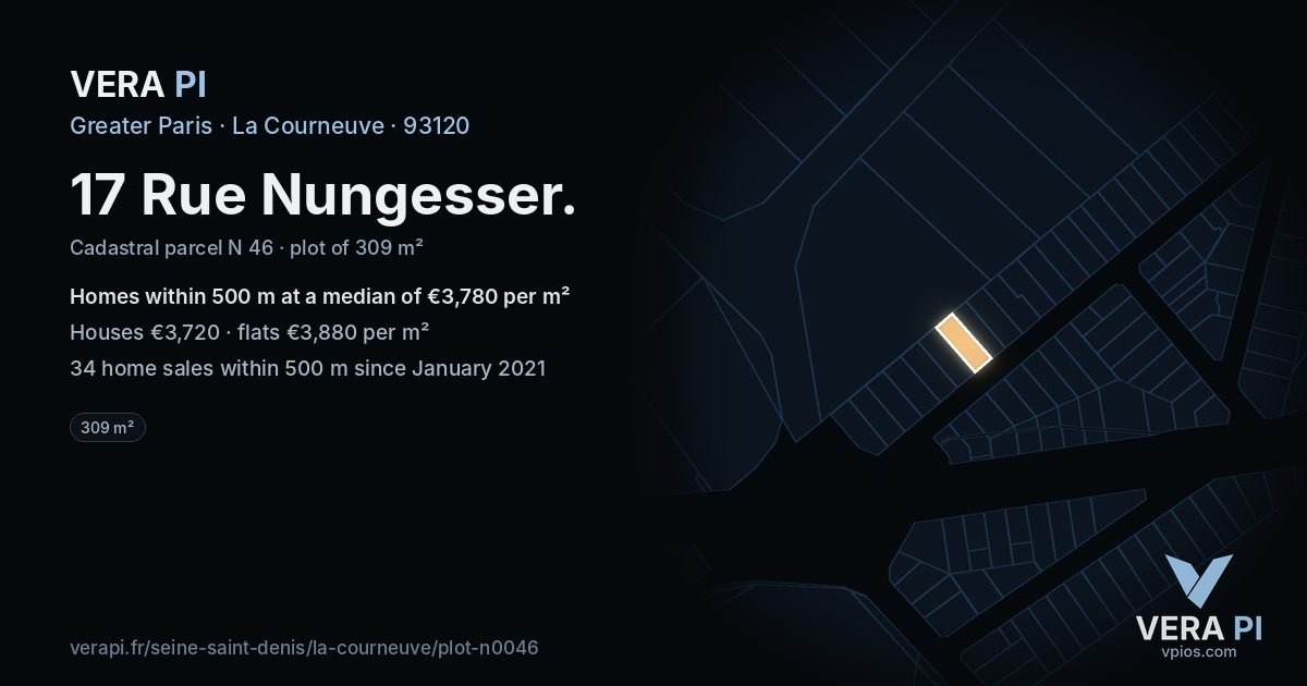 17 Rue Nungesser, La Courneuve at night – the plot lit, the parcels around coloured by the prices near them