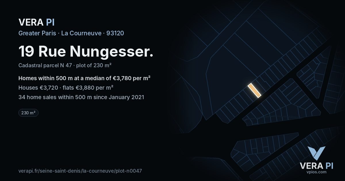19 Rue Nungesser, La Courneuve at night – the plot lit, the parcels around coloured by the prices near them