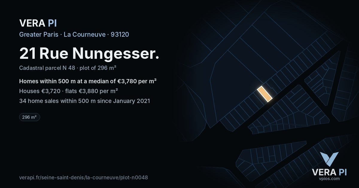 21 Rue Nungesser, La Courneuve at night – the plot lit, the parcels around coloured by the prices near them