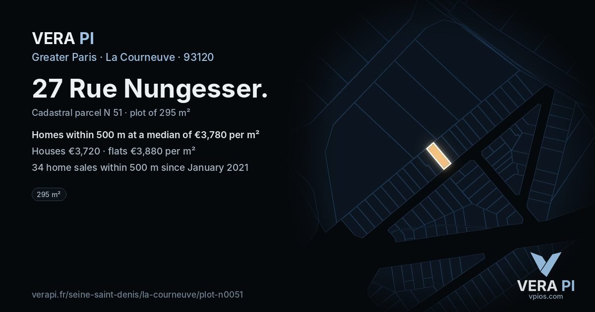 27 Rue Nungesser, La Courneuve at night – the plot lit, the parcels around coloured by the prices near them