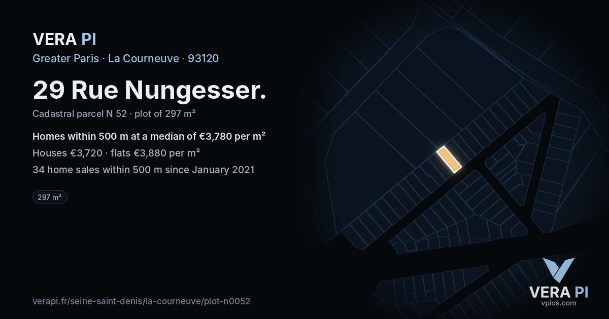 29 Rue Nungesser, La Courneuve at night – the plot lit, the parcels around coloured by the prices near them