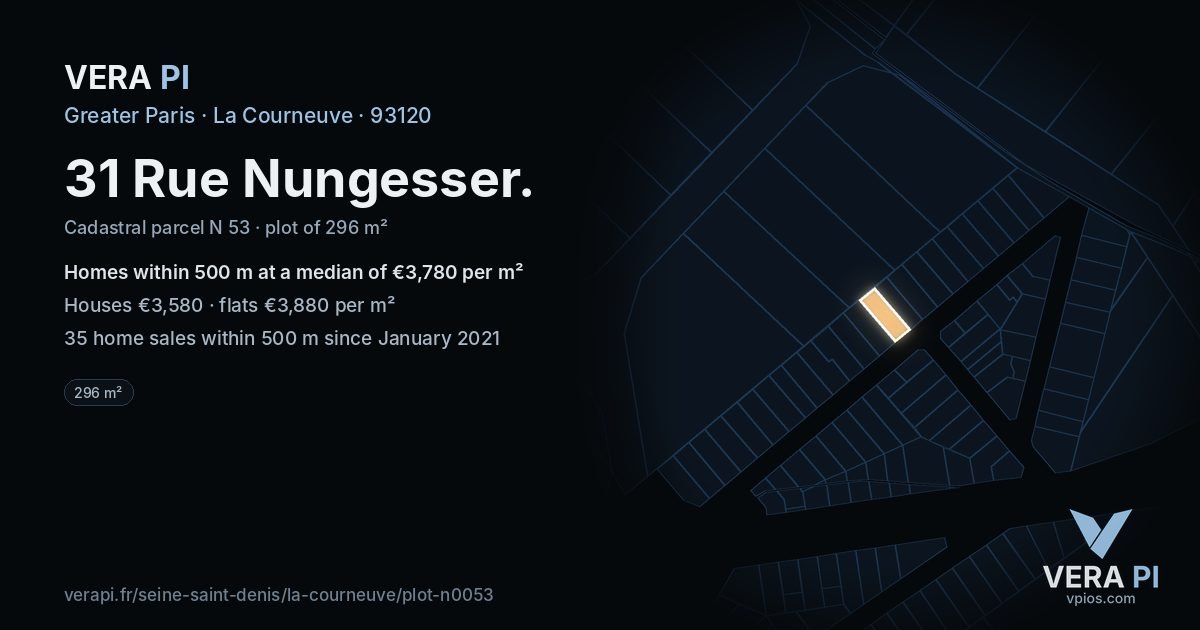 31 Rue Nungesser, La Courneuve at night – the plot lit, the parcels around coloured by the prices near them