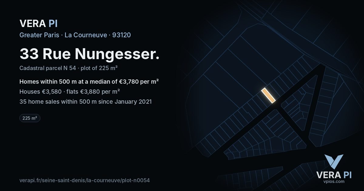 33 Rue Nungesser, La Courneuve at night – the plot lit, the parcels around coloured by the prices near them