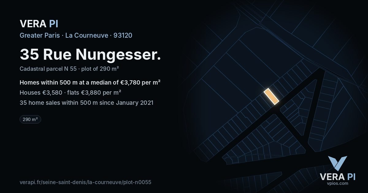 35 Rue Nungesser, La Courneuve at night – the plot lit, the parcels around coloured by the prices near them