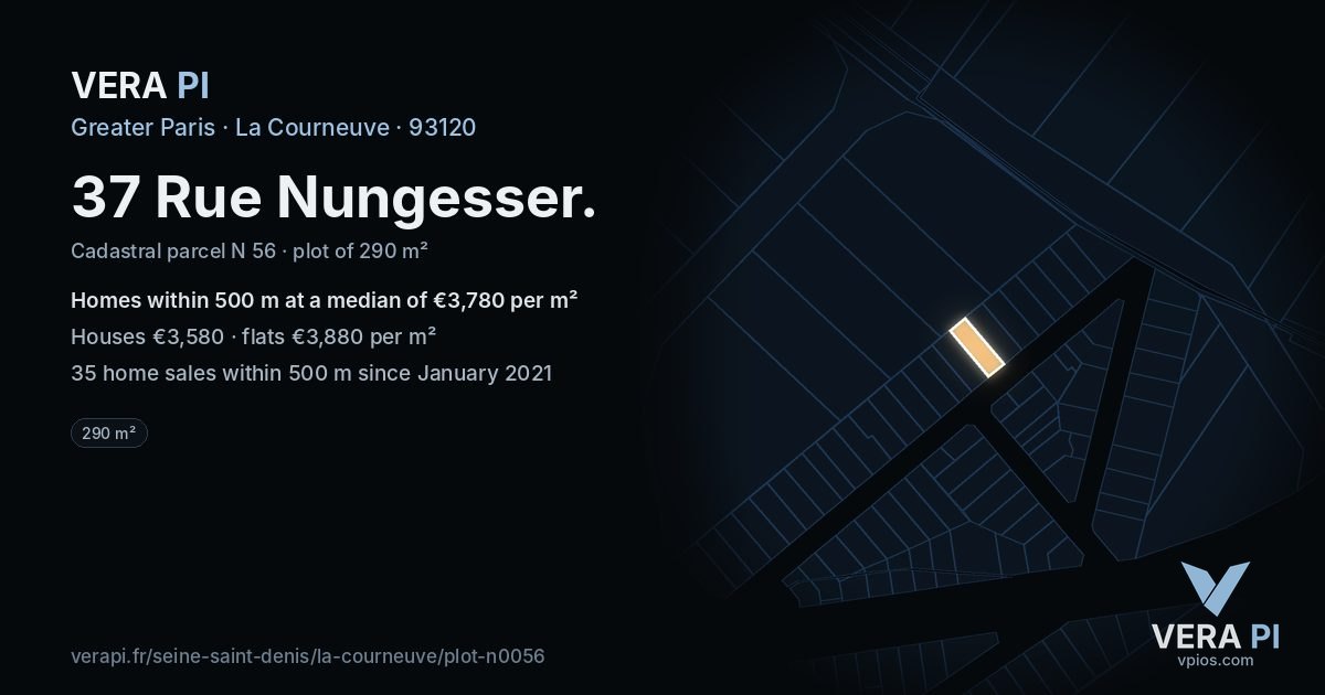 37 Rue Nungesser, La Courneuve at night – the plot lit, the parcels around coloured by the prices near them