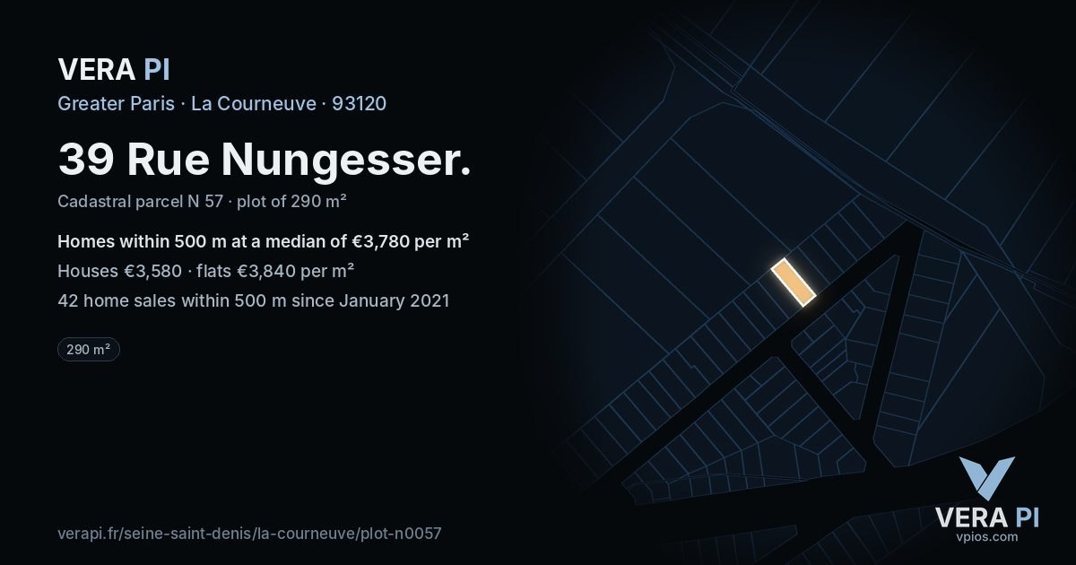 39 Rue Nungesser, La Courneuve at night – the plot lit, the parcels around coloured by the prices near them