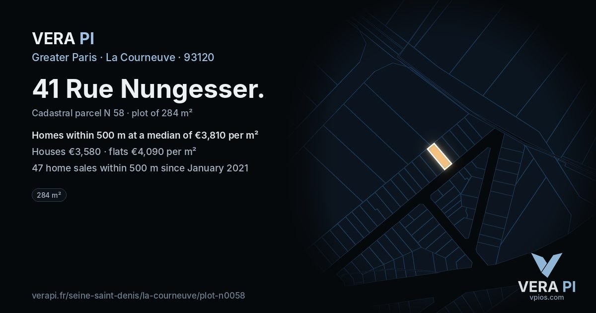 41 Rue Nungesser, La Courneuve at night – the plot lit, the parcels around coloured by the prices near them