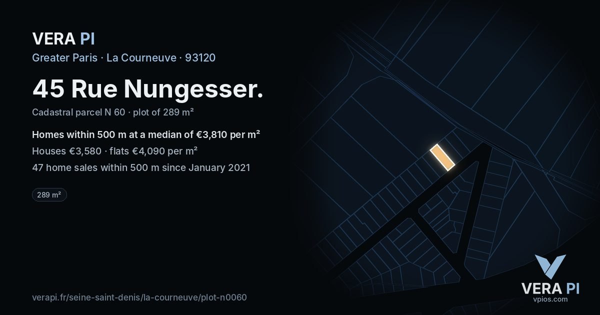 45 Rue Nungesser, La Courneuve at night – the plot lit, the parcels around coloured by the prices near them