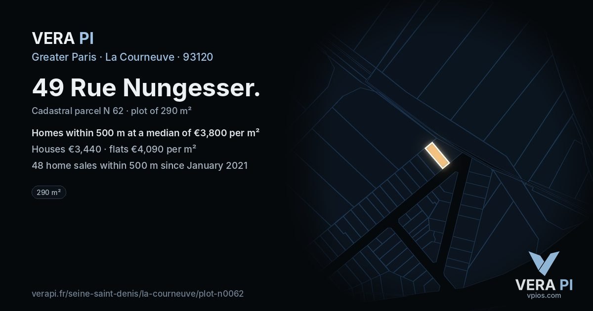 49 Rue Nungesser, La Courneuve at night – the plot lit, the parcels around coloured by the prices near them