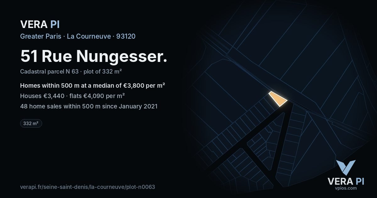 51 Rue Nungesser, La Courneuve at night – the plot lit, the parcels around coloured by the prices near them