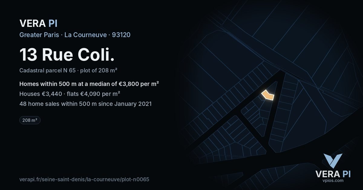 13 Rue Coli, La Courneuve at night – the plot lit, the parcels around coloured by the prices near them