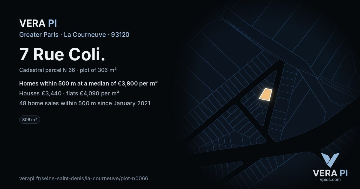 7 Rue Coli, La Courneuve at night – the plot lit, the parcels around coloured by the prices near them