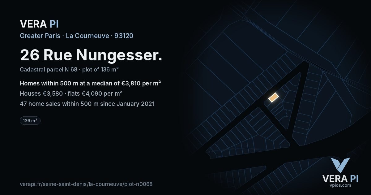 26 Rue Nungesser, La Courneuve at night – the plot lit, the parcels around coloured by the prices near them