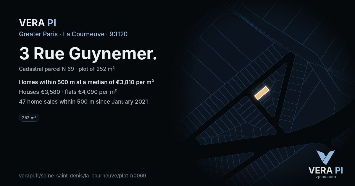 3 Rue Guynemer, La Courneuve at night – the plot lit, the parcels around coloured by the prices near them