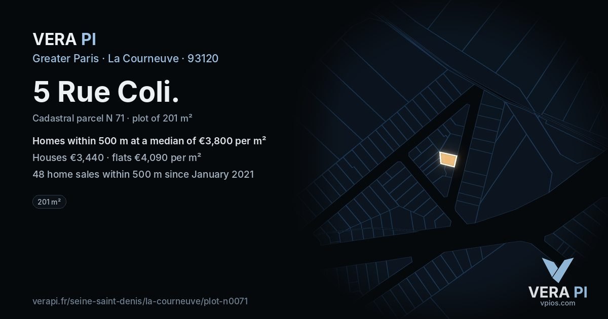 5 Rue Coli, La Courneuve at night – the plot lit, the parcels around coloured by the prices near them