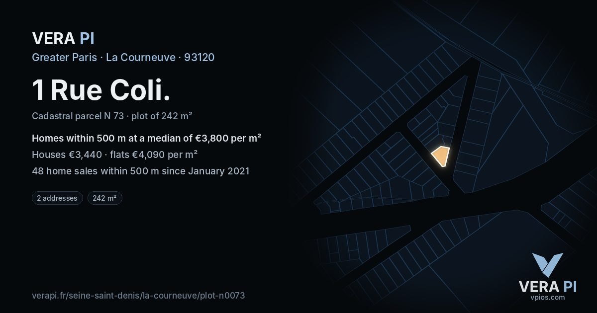 1 Rue Coli, La Courneuve at night – the plot lit, the parcels around coloured by the prices near them